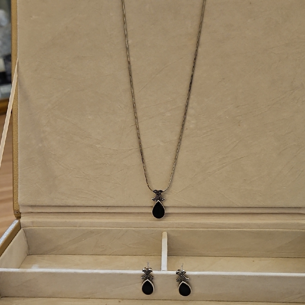 Sterling, Onyx and Crystal Earring Necklace Set